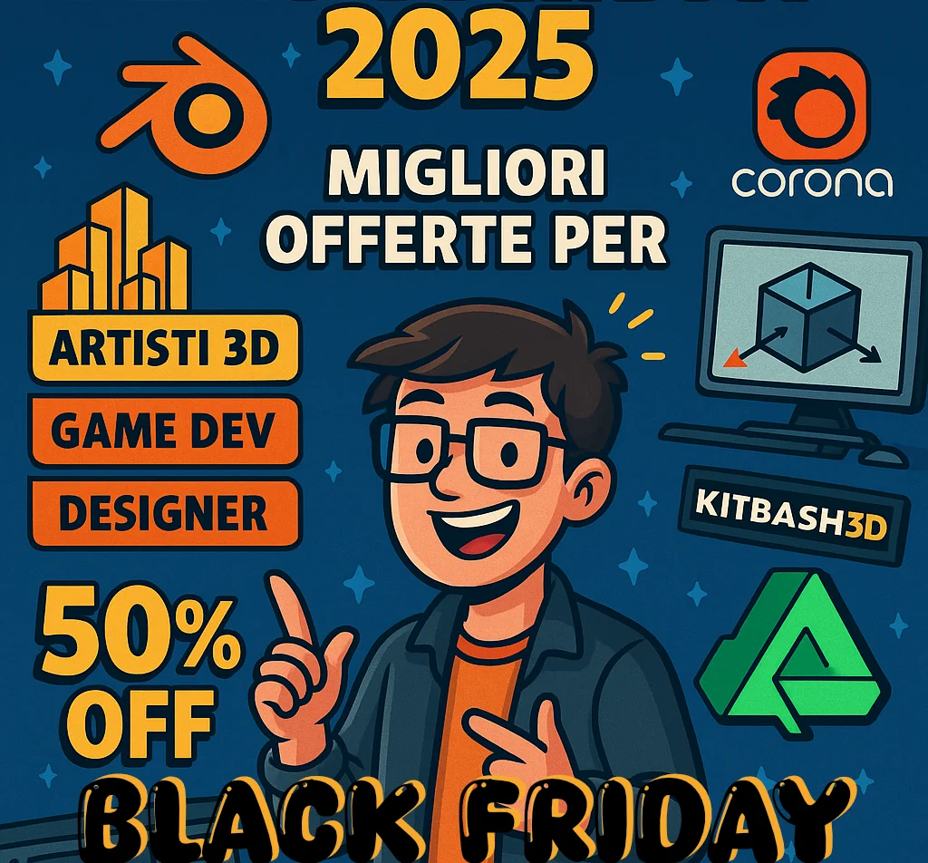 illustrazione in stile cartoon con elementi 3D, scatole regalo, sconti ed effetti digitali che rappresentano le offerte Black Friday dedicate ai software e tool per artisti 3D.