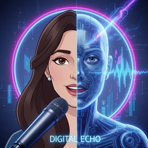 Illustrazione che mostra la metà reale e la metà digitale di una persona che parla, simbolo della clonazione vocale e dell’intelligenza artificiale.