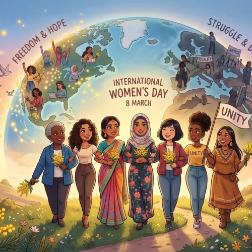 Illustrazione simbolica della giornata internazionale della donna con donne unite e mimose che rappresentano libertà, diritti ed uguaglianza.