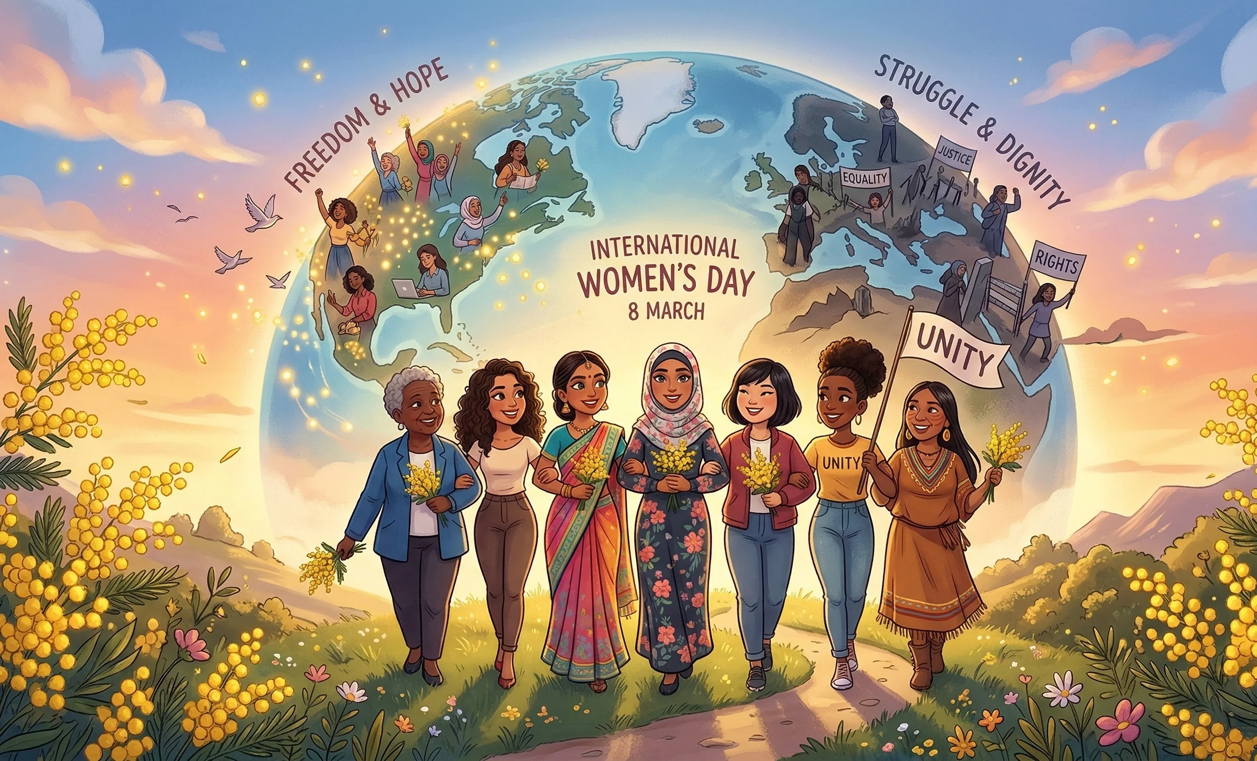 Illustrazione simbolica della giornata internazionale della donna con donne unite e mimose che rappresentano libertà, diritti ed uguaglianza.